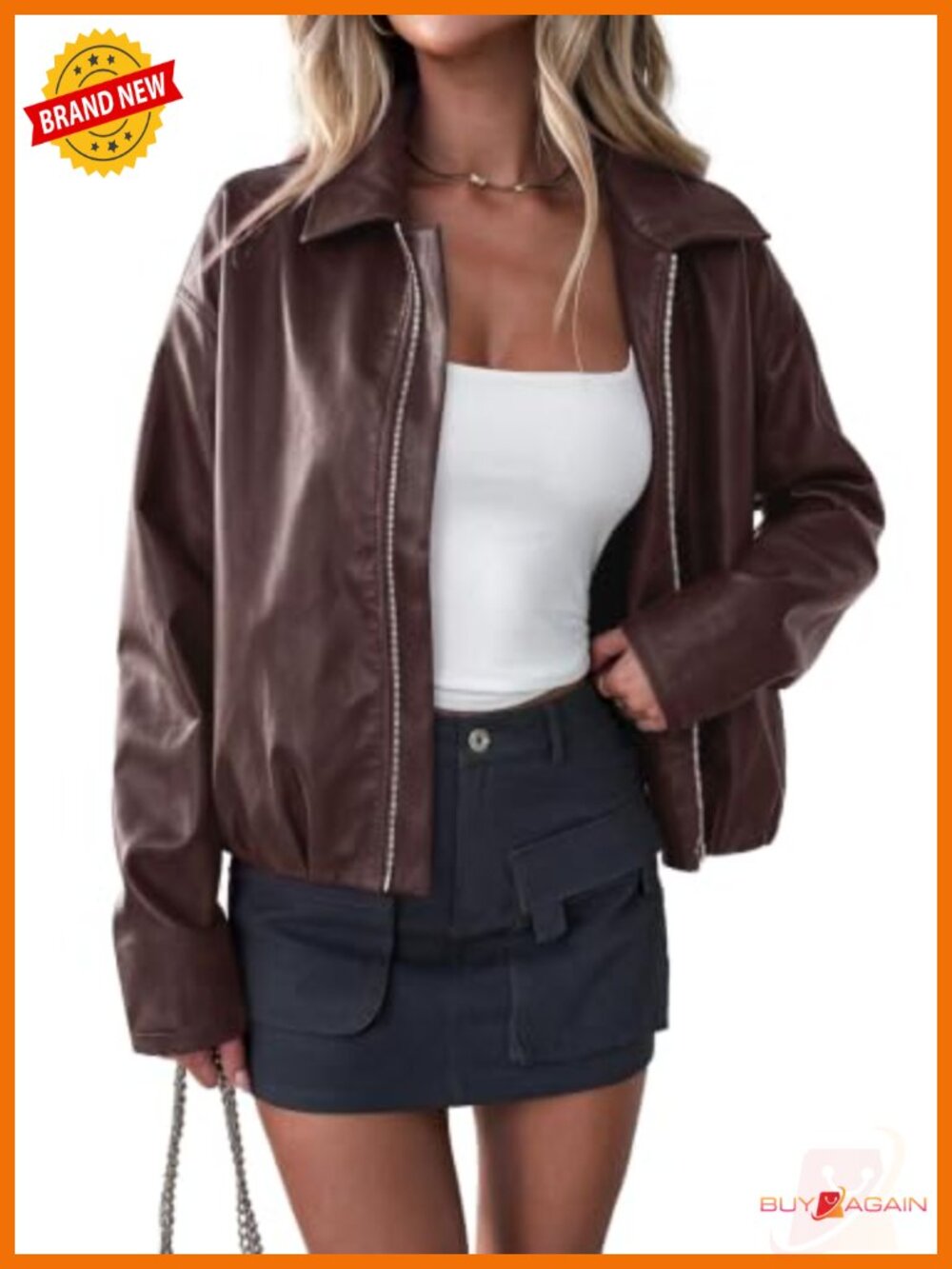 Faux Leather Motorcycle Jacket Cropped Zip Up Long Sleeve